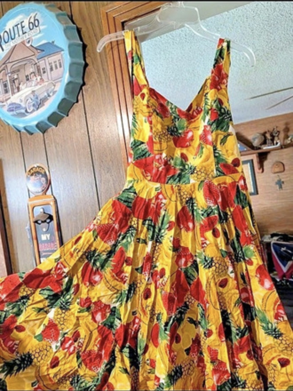 British Retro Tiki Dress Floral Maxi Dress in Yellow & Red Like New